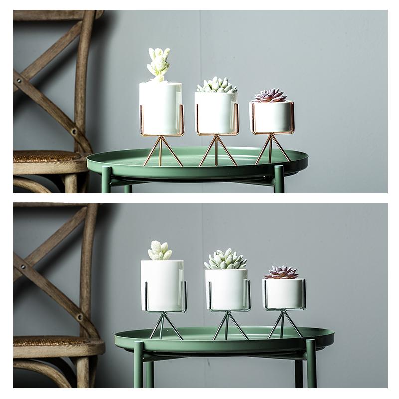 Set aus 3 Keramik-Blumentöpfen mit Eisenständer für Sukkulenten Schreibtisch Keramik-Blumenvase Heim-Garten-Dekoration