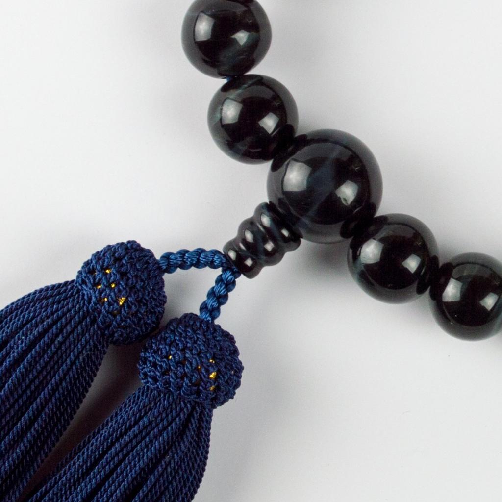 Sato Funeral Service Blue Tiger Eye (Tiger Eye) 22-Bead Prayer Beads for Men, Suitable for All Sects, Made In Kyoto, Includes a Portable Pouch,