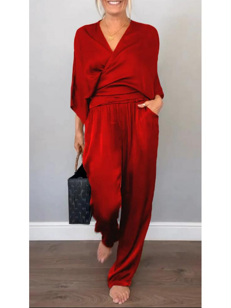 European and American Solid Color Satin Women's Summer Short-Sleeve Top & Pants Set (2025)