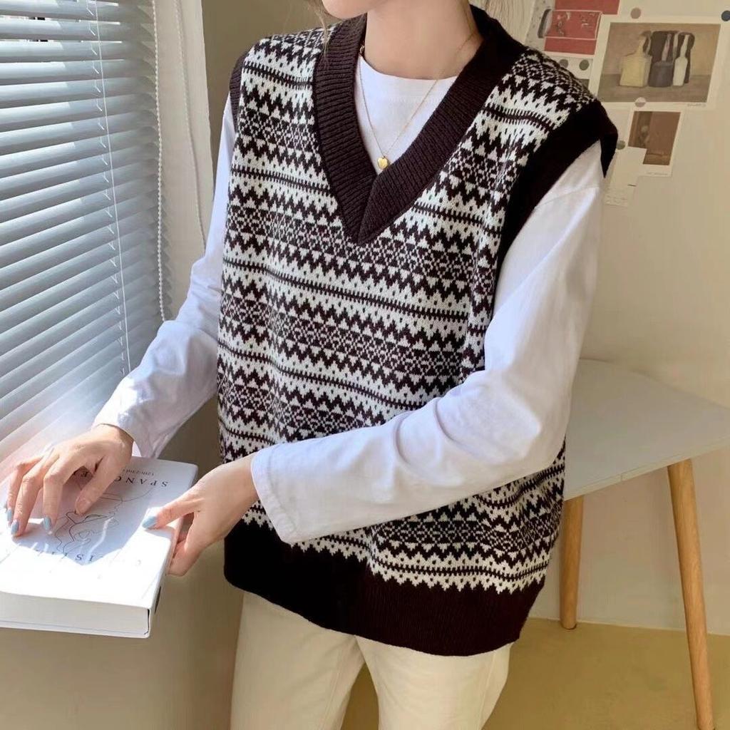 Geo Pattern Sweater Vest, Preppy V Neck Sleeveless Vest for Fall & Winter, Women's Clothing