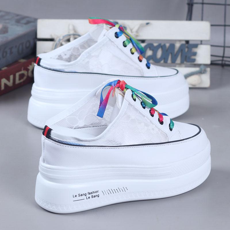 Fashion Summer Gauze Breathable Small White Shoes Wrapped Head Half Slipper Female Thick Sole Inside Increase 10CM Heelless Lazy Shoes