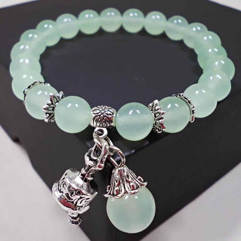 Amethyst Chalcedony Bracelet with Vajra Bell Pendant - Handmade Beaded Jewelry for Women