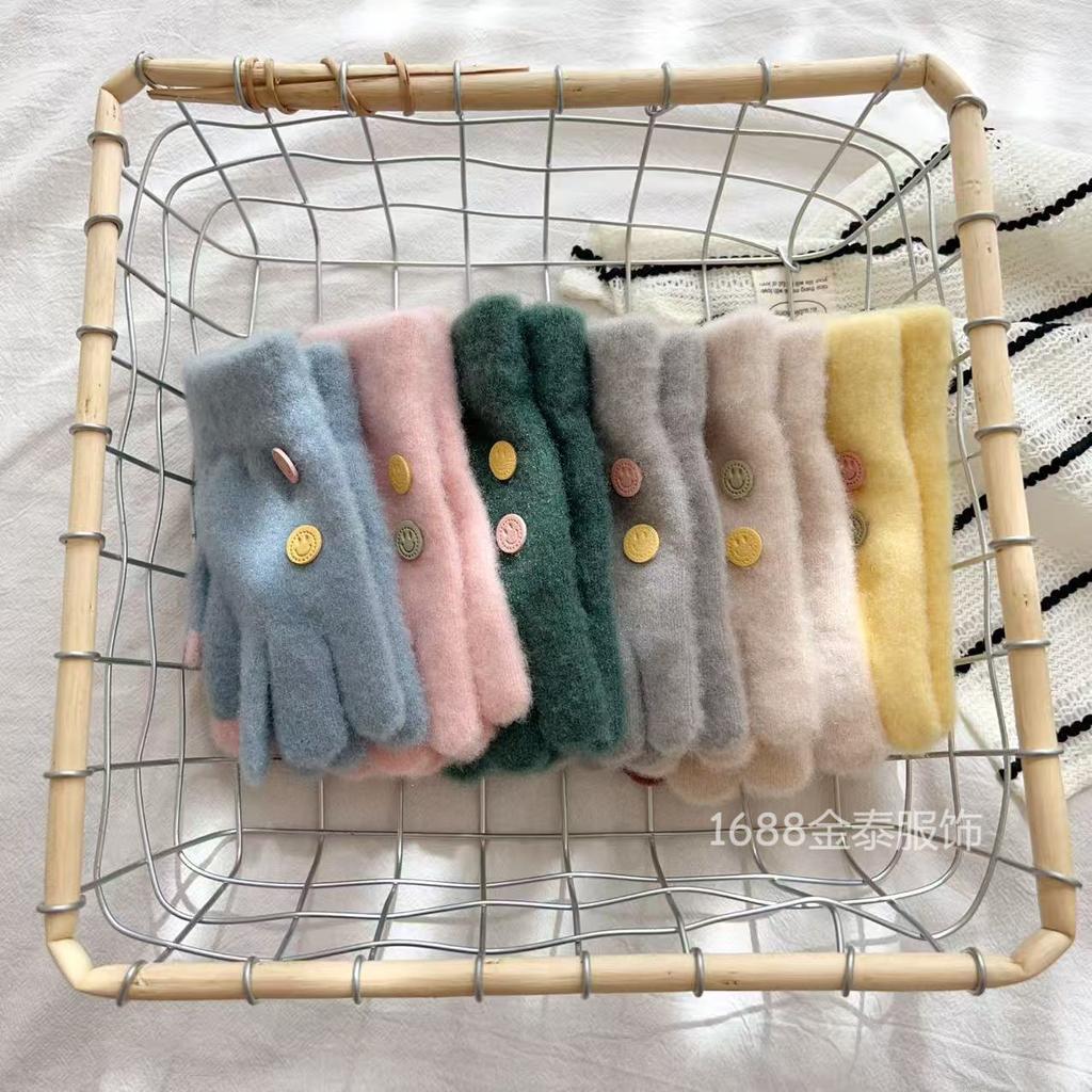 7-12 Year Old Children Button Five Fingers Warm Korean Version Smiley Face Baby Wool Boys and Girls Students Cold-proof Knitted Gloves