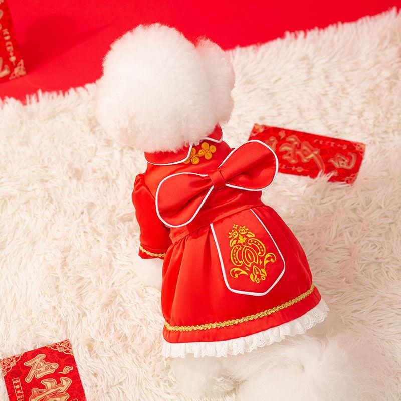 New Year's dog clothes big bow festive velvet thickened New Year's cotton coat red teddy bear pet winter dress