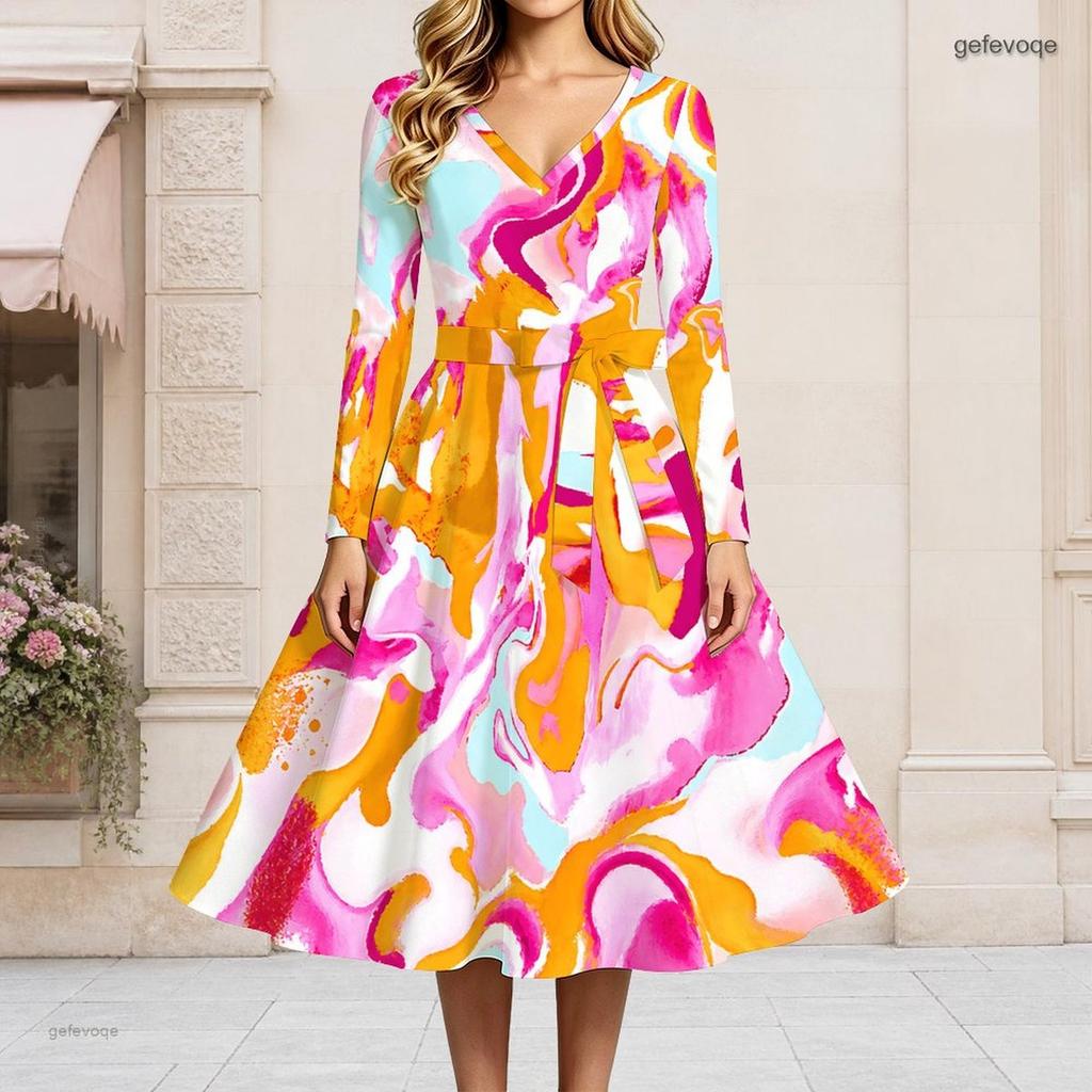 Women Plus Size V Neck Long Sleeve Printed Dress Blue Black White Tie Waist A Line Flared Midi