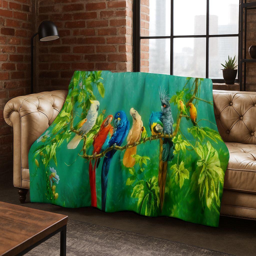Bunte Tropische Papageien Ara Natürliche Vögel Kunst Flanelldecke, Gemütliche Weiche Überwurfdecke für Zuhause Schlafzimmer Bett Sofa Abdeckung Kinder