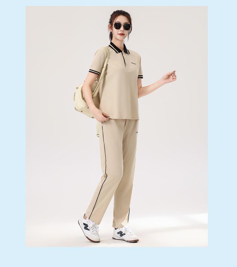 Women's Summer Lapel Casual Sports Suit - Plus Size, Short Sleeve, Slimming Two-Piece with Long Pants.
