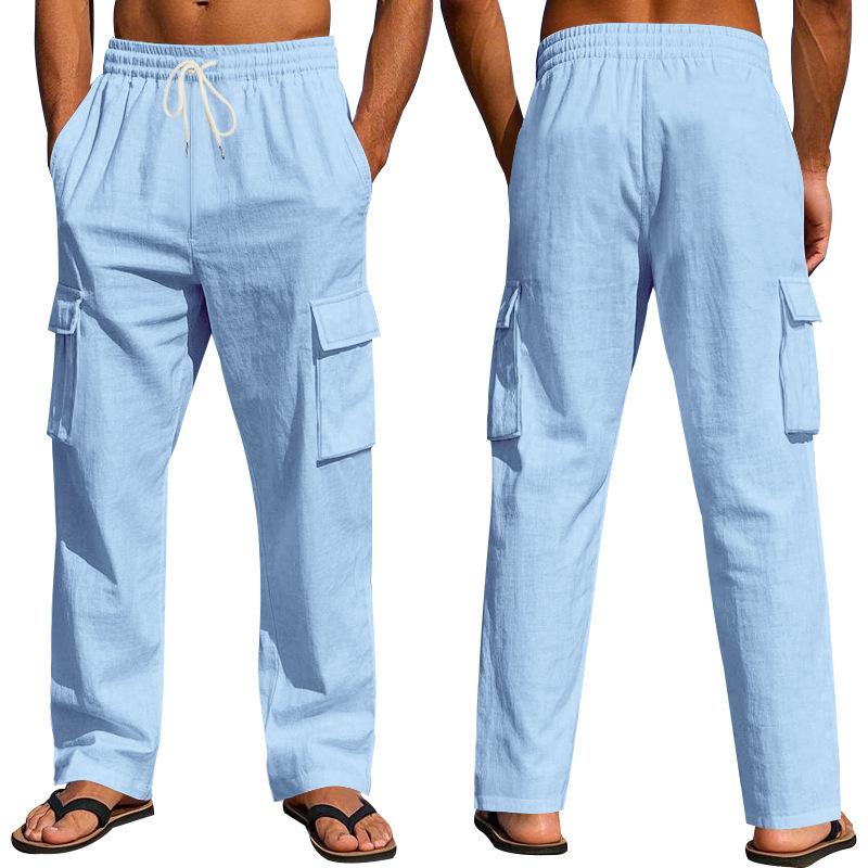 Men's new four seasons thin section breathable workwear multi-pocket loose casual trend wide-leg trousers