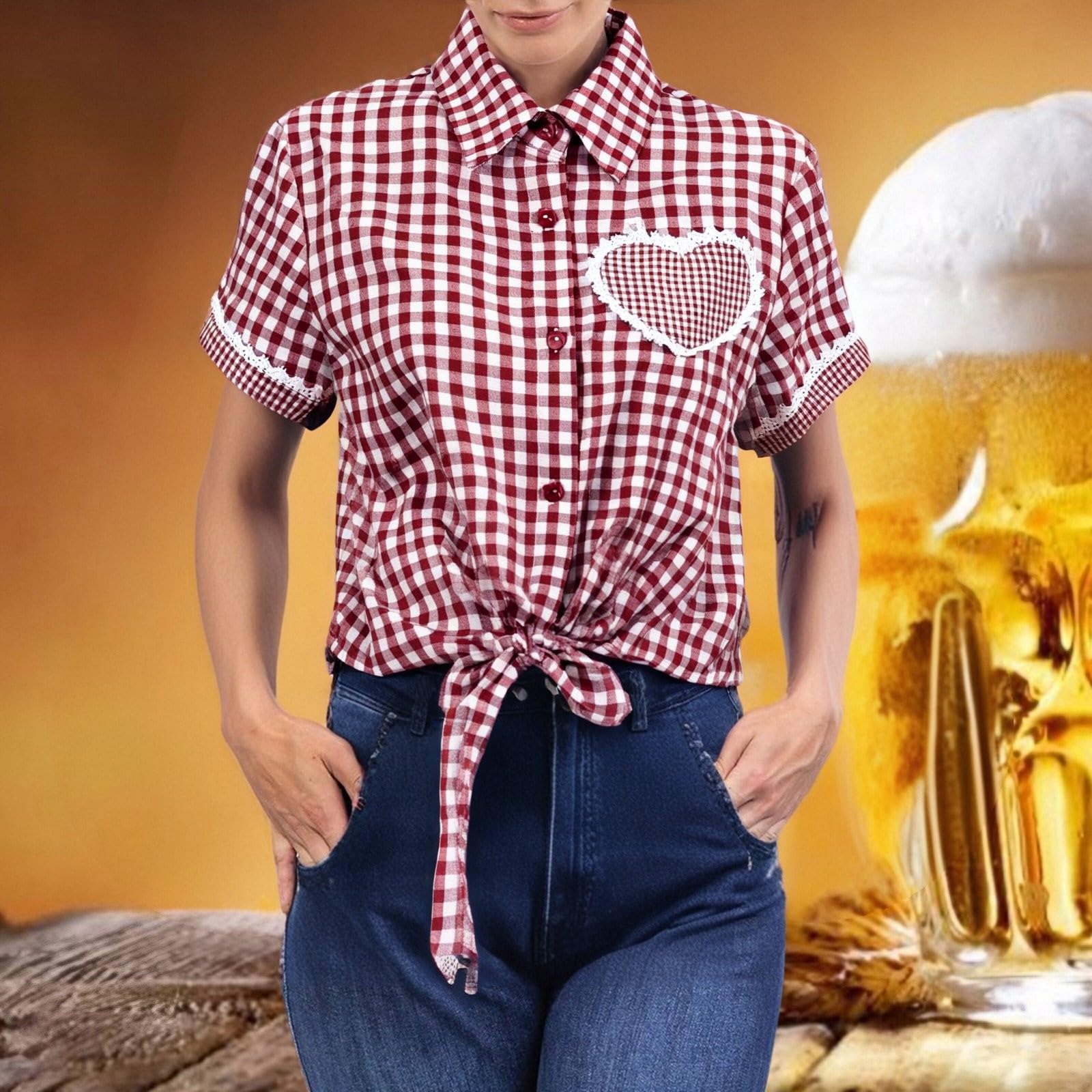 

Традиционная женская повседневная клетчатая рубашка с коротким рукавом Фестиваль пива XL красный