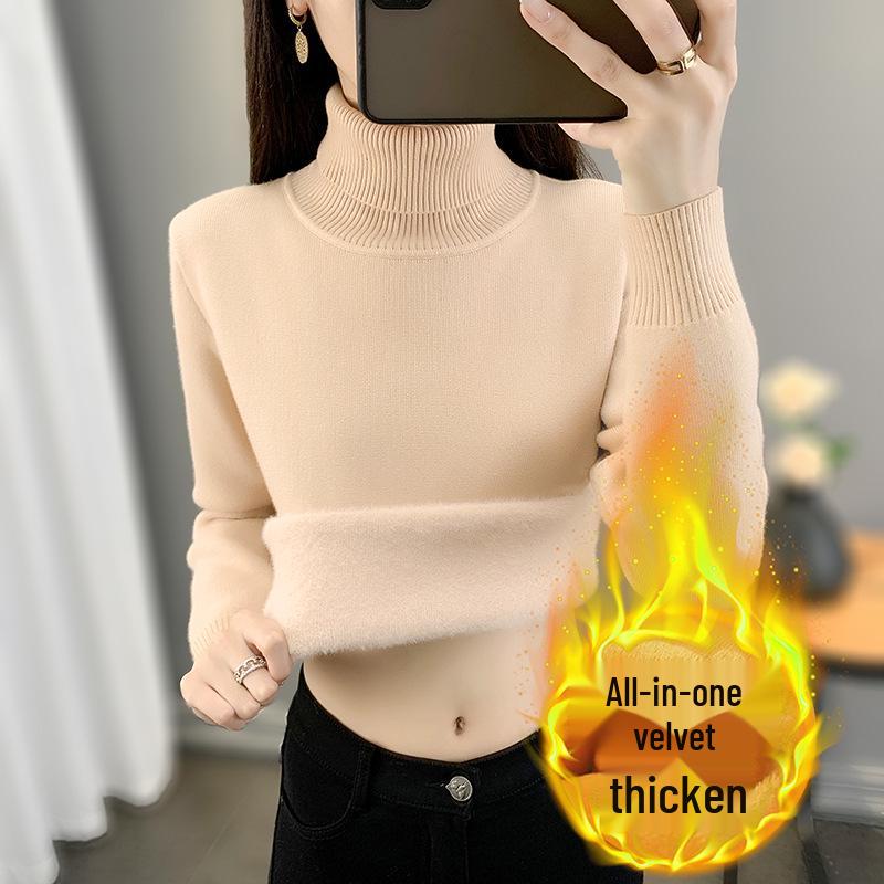 Women's 2025 Autumn/Winter Half-High Collar Velvet Knit Sweater - Thick, Warm Base Layer Fleece Pullover
