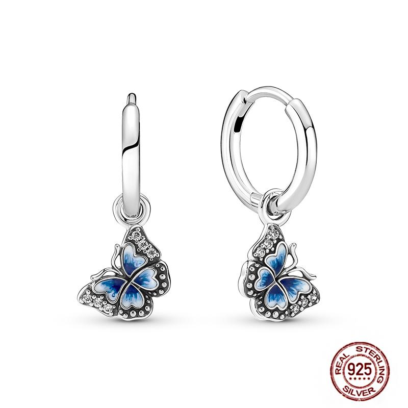 Original Butterfly Hoop Earrings for Women Sparkling Pave Colorful Zircon Blue Pink Purple Heart Wedding Drop Earring