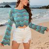 Spring/summer New Women's Pullover Patchwork Short Sleeve Crewneck Striped Knit Bikini Beach Cover-up