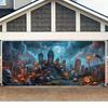 Spooky Halloween Garage Banner - Vibrant Skull & Pumpkin Design with Tombstone, Durable Polyester Outdoor Decor