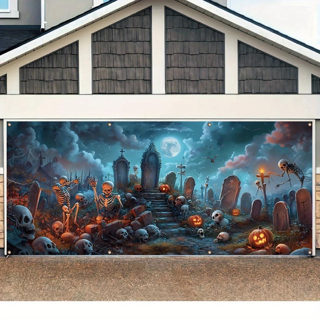 Spooky Halloween Garage Banner - Vibrant Skull & Pumpkin Design with Tombstone, Durable Polyester Outdoor Decor