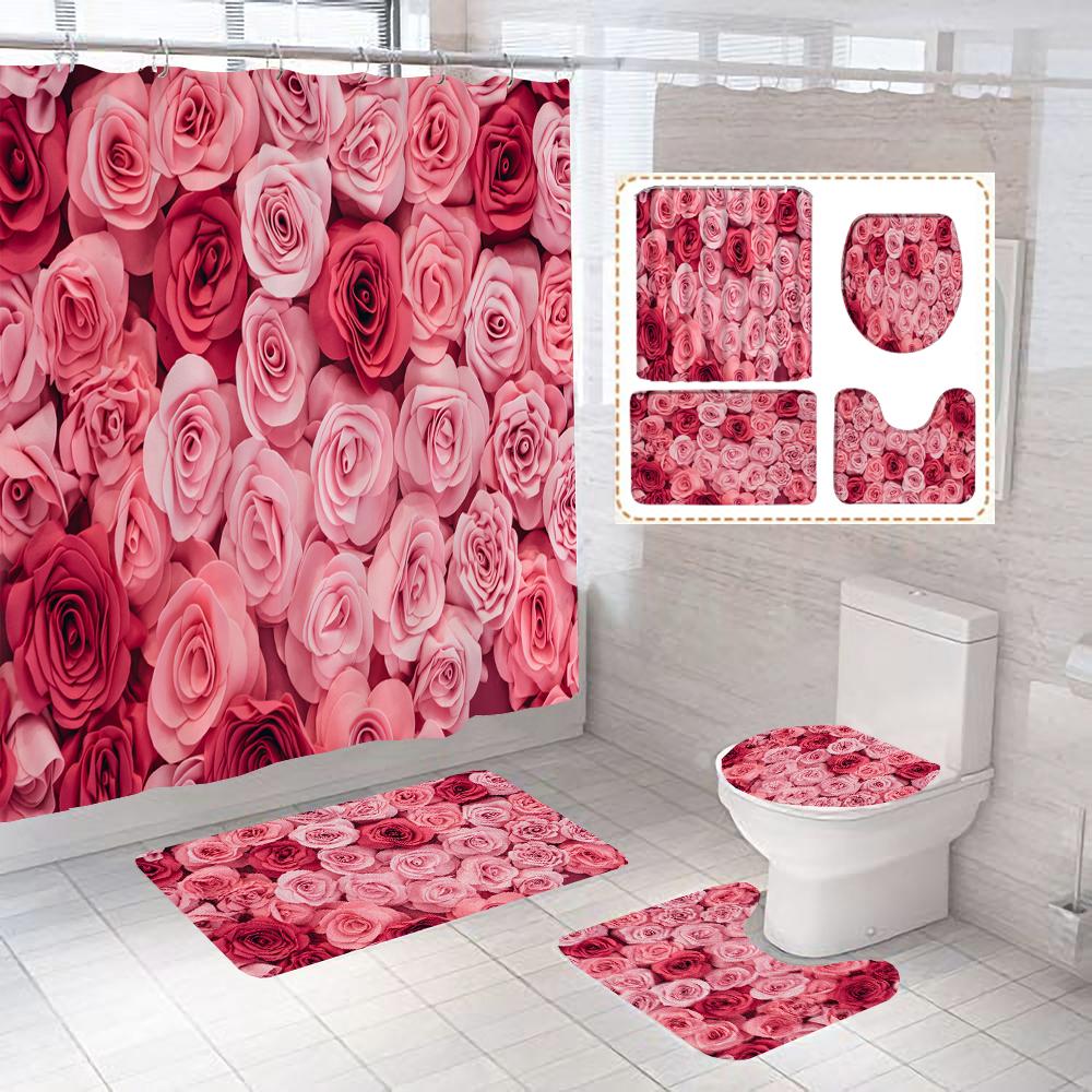 Beautiful Rose Fabric Shower Curtain Red Flowers Bathroom Curtains Pedestal Rug Toilet Lid Cover Non-Slip Carpet Bath Mats Rugs