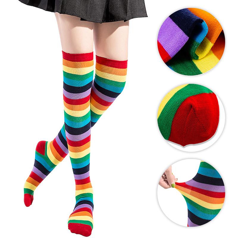 Chaussettes hautes arc-en-ciel, chaussettes hautes rayées au genou, chaussettes à rayures arc-en-ciel, bas pour fête costumée de Noël