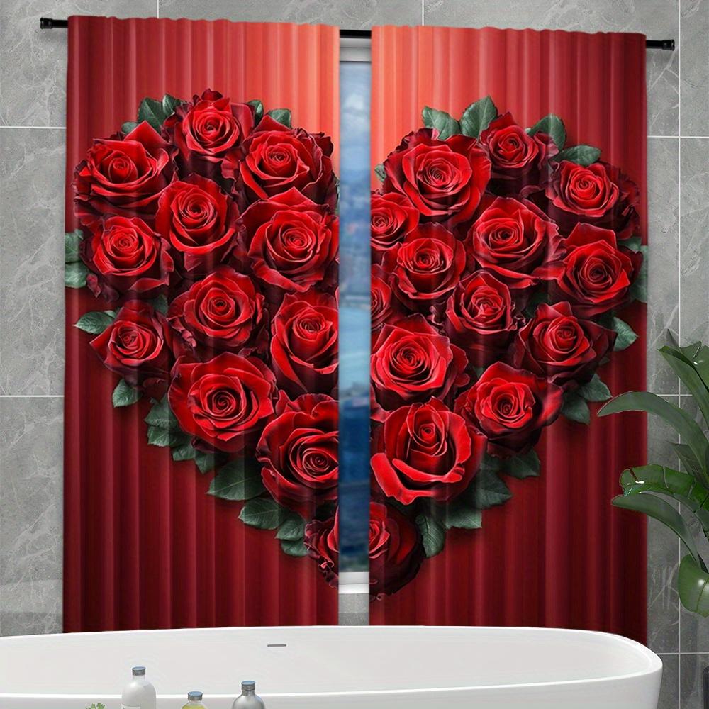 2Pcs Polyester Red Rose Valentines Printing Window Curtains Birthday Party Decoration Backdrop Drapes for Living Room