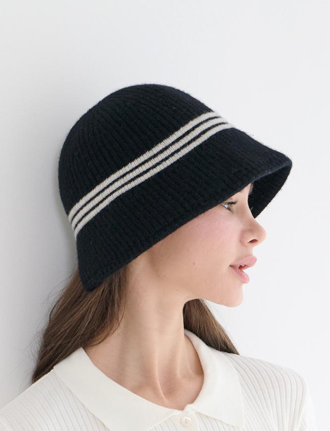 Koipeu Wool Knit Ribbed Three-Stripe Bucket Hat Cf073Ht032 Blk