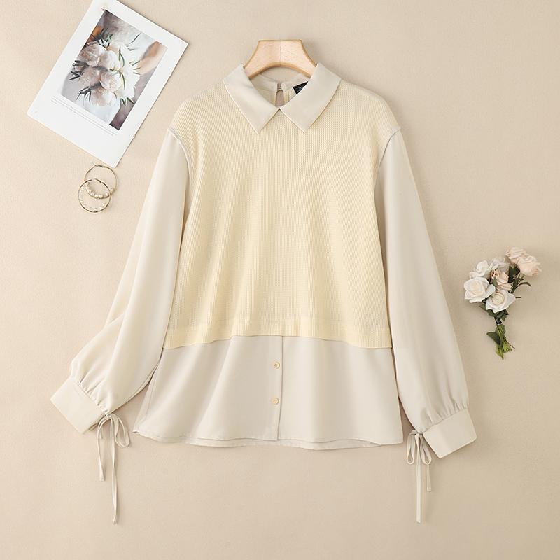 

ZANZEA Женская повседневная блузка с отложным воротником, длинным рукавом и лоскутным дизайном, осенняя S абрикосовый