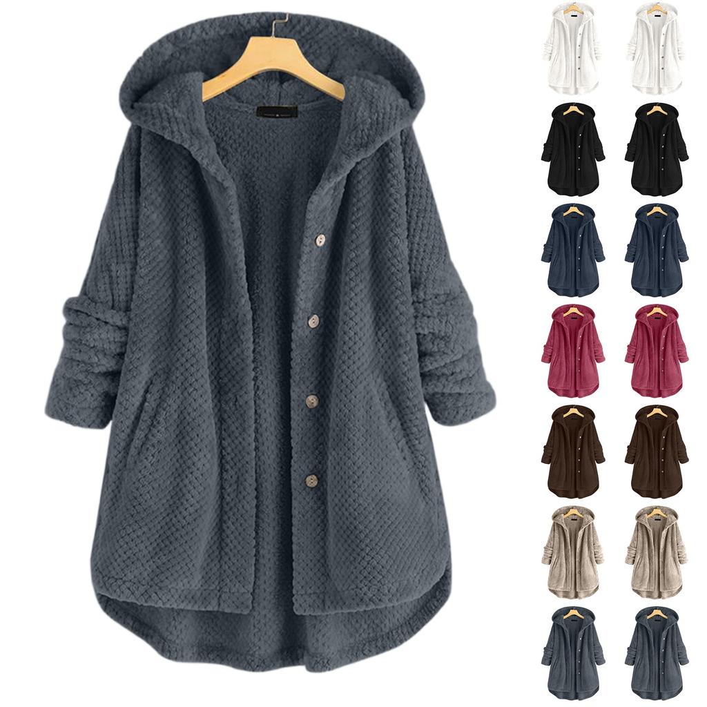 Women's Button Plush Hooded Double-faced Fleece Sweatshirt Fashionable Mid-length Coat