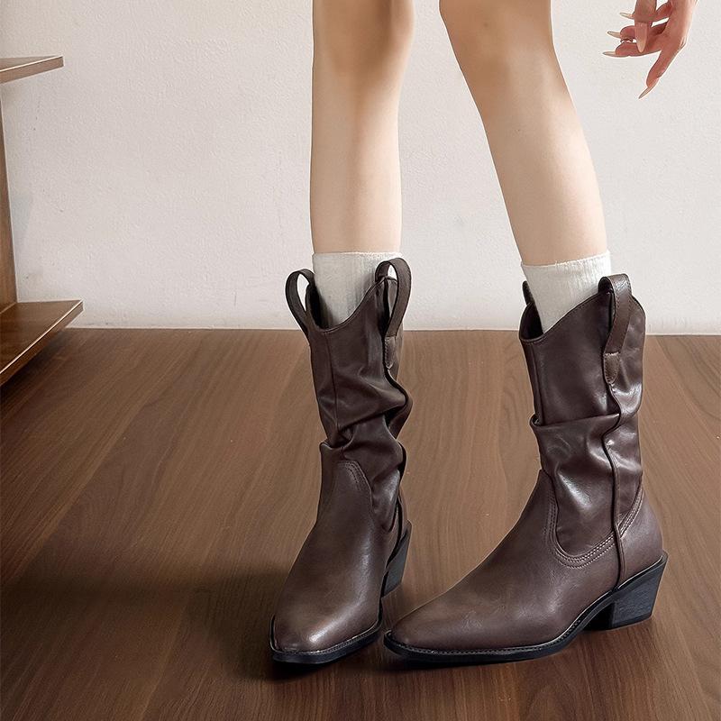 Vintage Western Boots Women's 2025 New Spice Girls Pleated Pants Boots Versatile Skinny Knight Boots Pile Boots Short Boots
