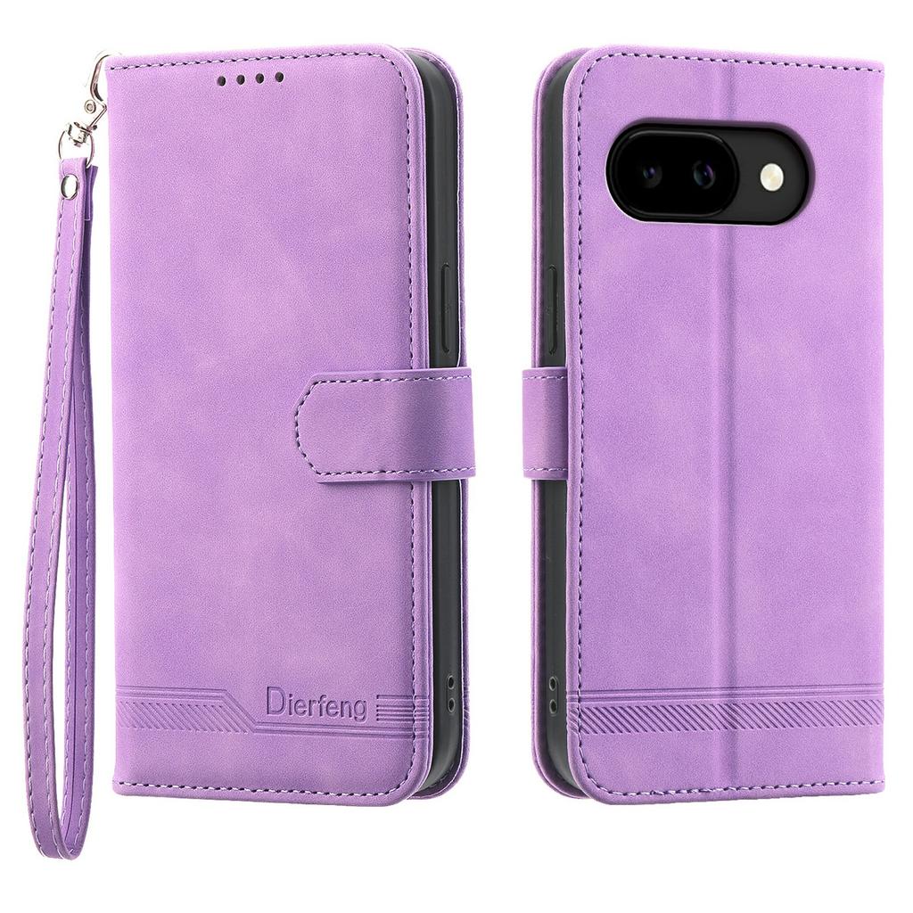 DIERFENG DF-03 For Google Pixel 10a Case Lines Imprint Wallet Leather Phone Cover with Wrist Strap
