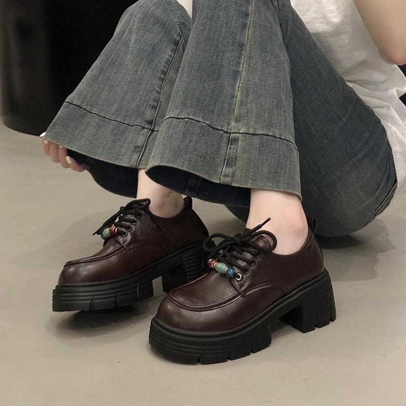 

British style small leather shoes women s 2025 spring and autumn new versatile shoes college style thick sole heel loafers 40 коричневый