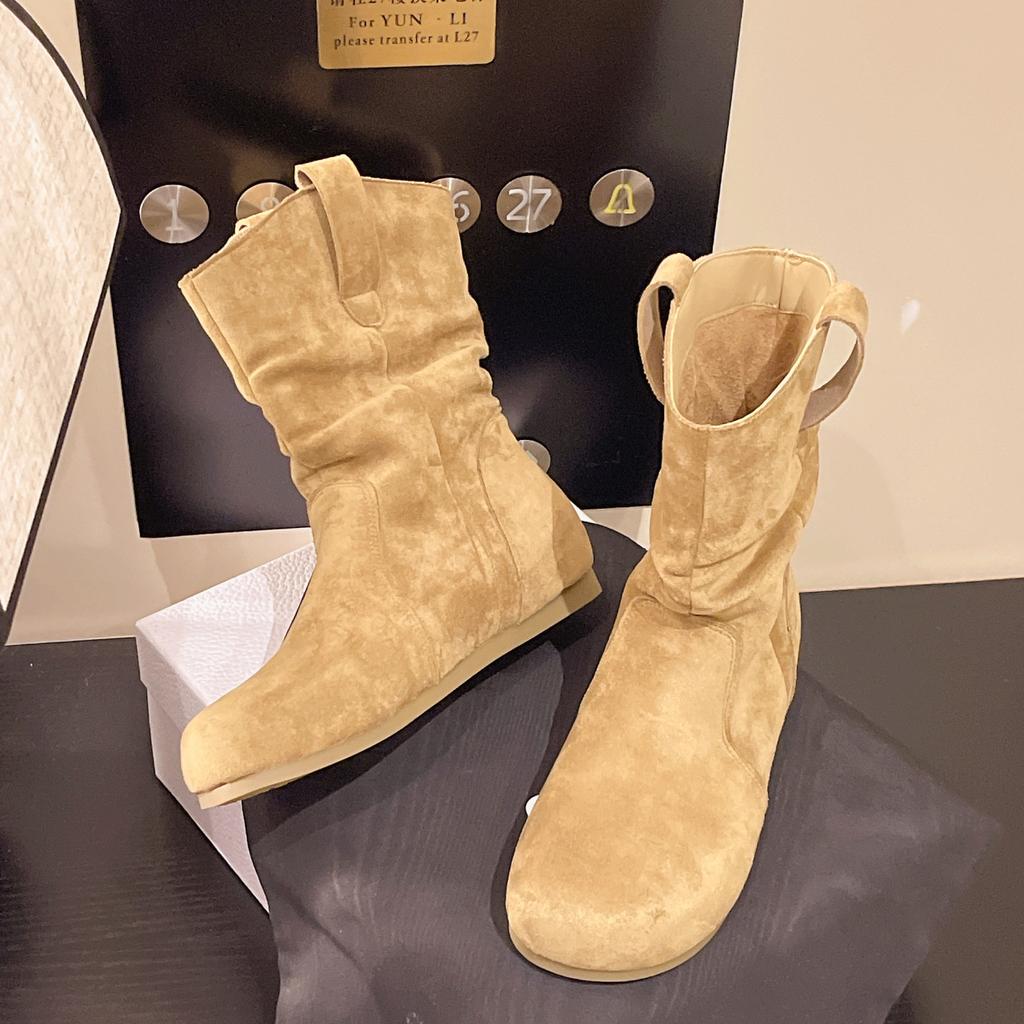 Korean version niche flat-bottomed new 2025 temperament short boots solid color pleated round head retro comfortable women's shoes