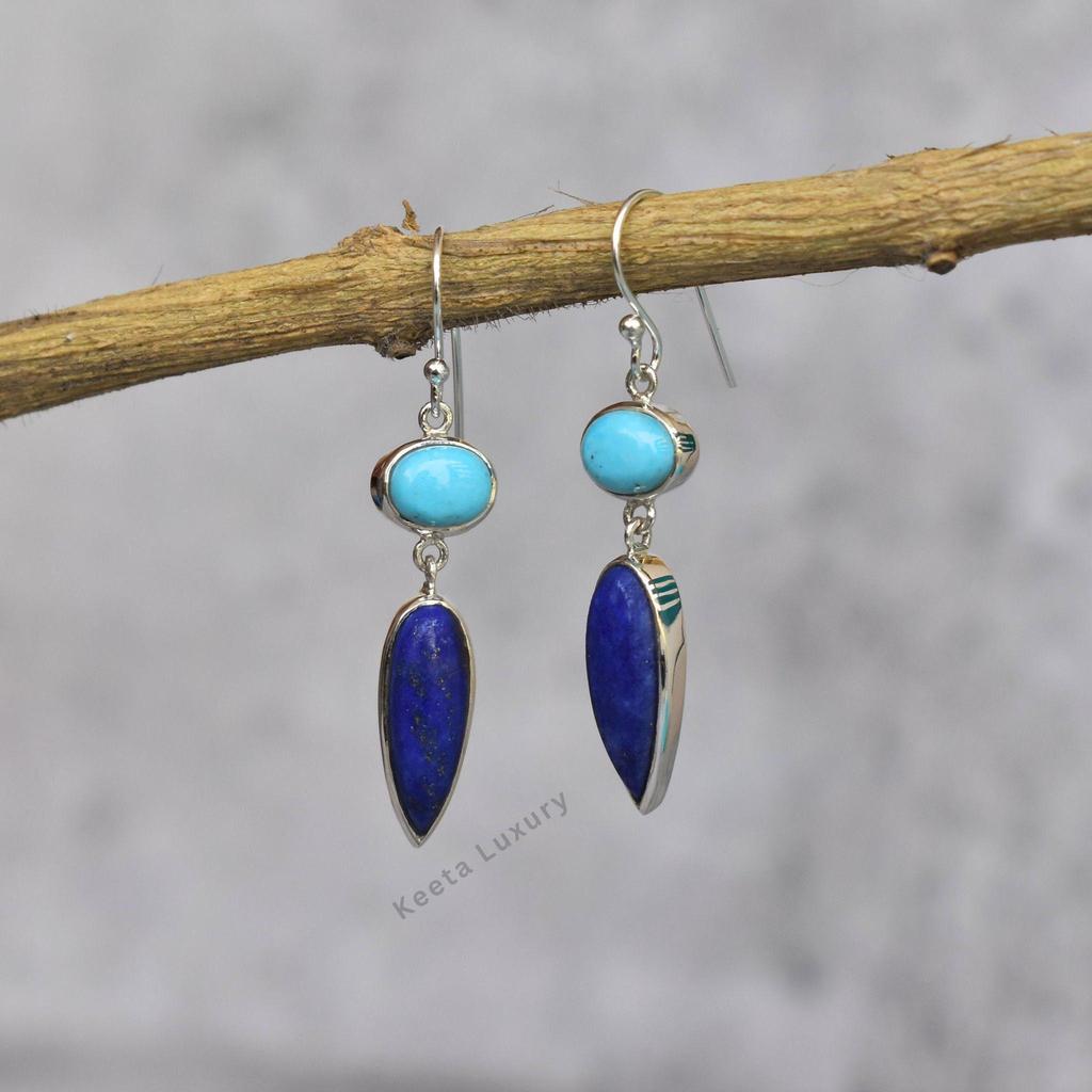 Natural Turquoise And Lapis Lazuli Dangle Earrings Sterling Silver Handmade Cocktail Earrings Two Stone  Jewelry, Gift for Her