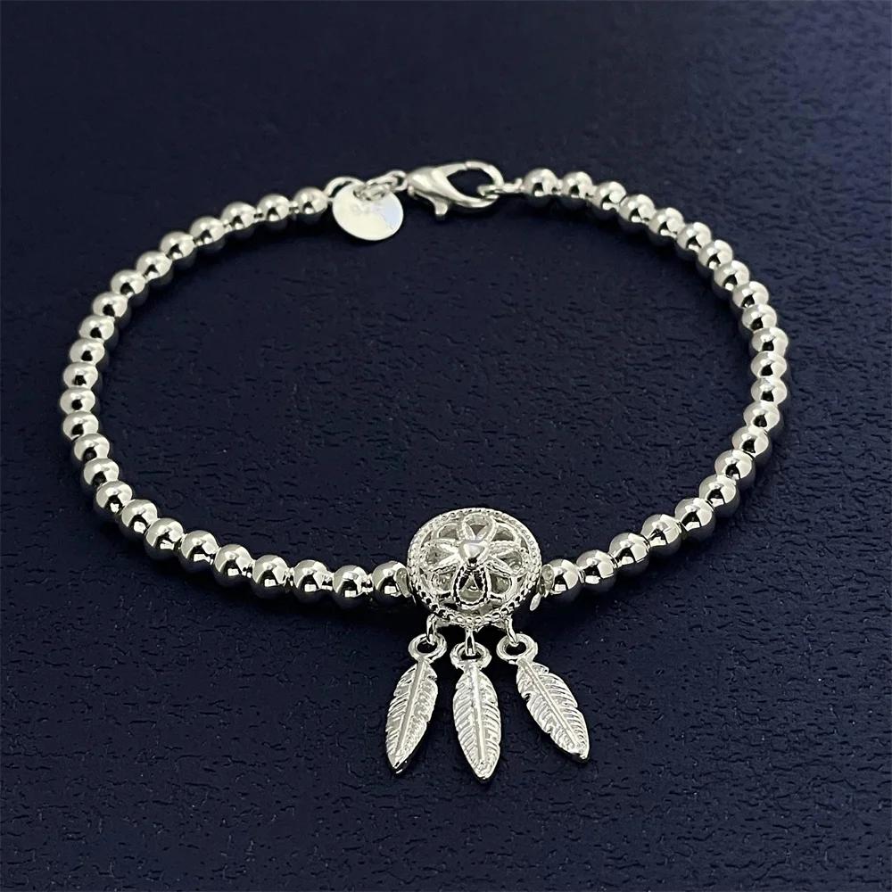 925 Sterling Silver Ball Feather Pendant Bracelet, Couple Banquet Wedding Birthday Jewelry Gift 20cm