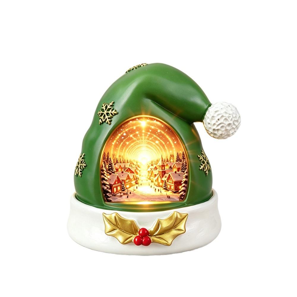 Resin Christmas Figurine Warm Glow XmasHat Statue Light Christmas Elf Hat Ornament Home Decoration