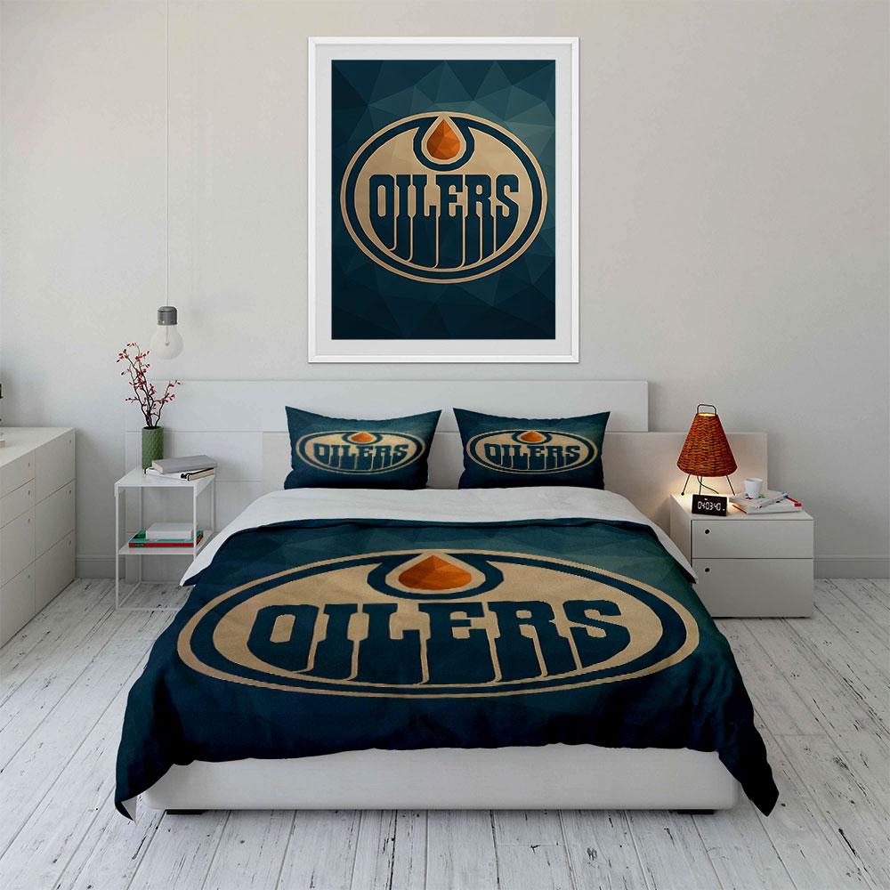 Oilers Logo On Geometric Blue Background Print Bedding Set Duvet Cover Pillowcases (1* Duvet Cover 2* Pillowcases Do Not Include Comforter)