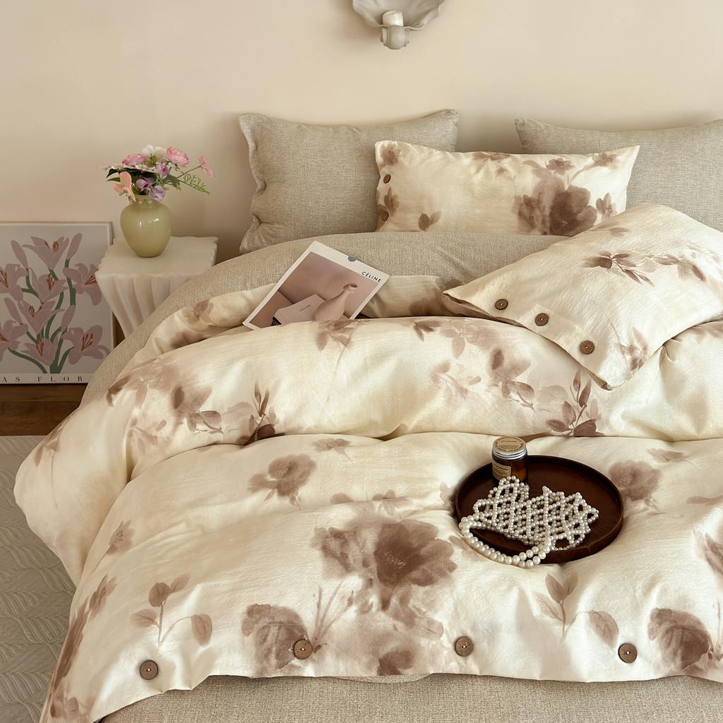 Sleep Grid 140g Thick Linen Retro Japanese Button Set Four Piece