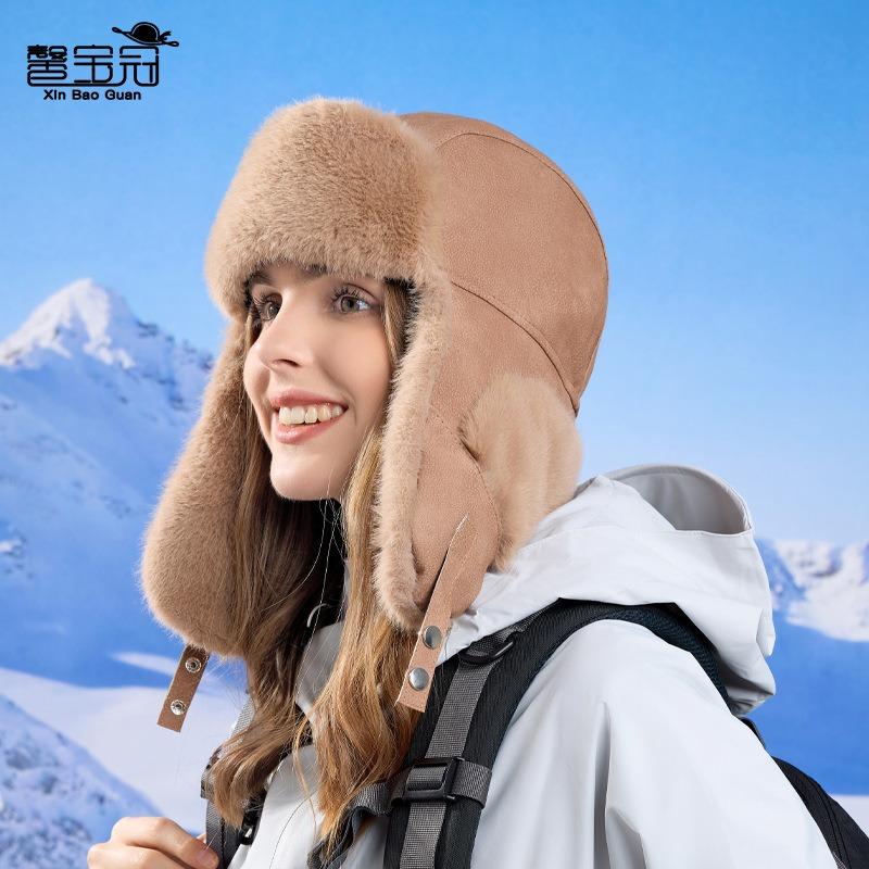 Winter thickened plush big head circumference windproof ear protection pullover hat outdoor riding cold warm hat women
