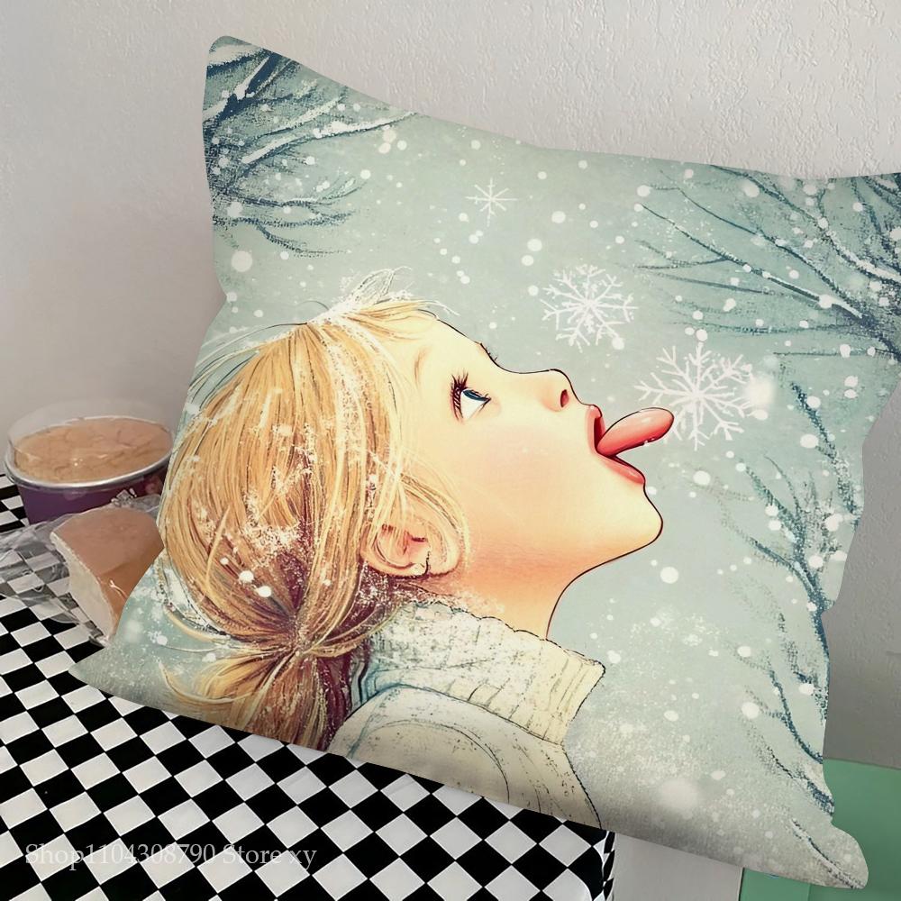 Christmas Snowflake Little Girl Pillow Case Fashion Square Pillowcase Bedroom Sofa Room Ins Decoration Leisure Cushion Cover