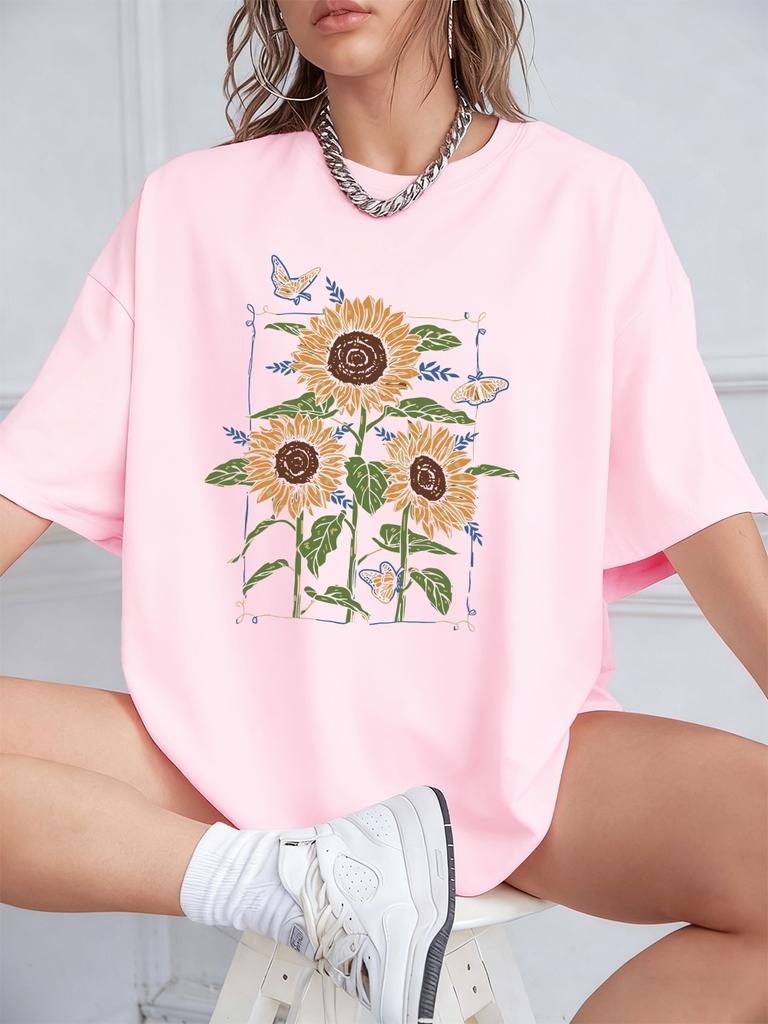 Sunflower Oil Printing Prints TShirts Womens Summer Cotton Short Sleeve T Shirt Loose ONeck Comfortable Tops Casual Clothes