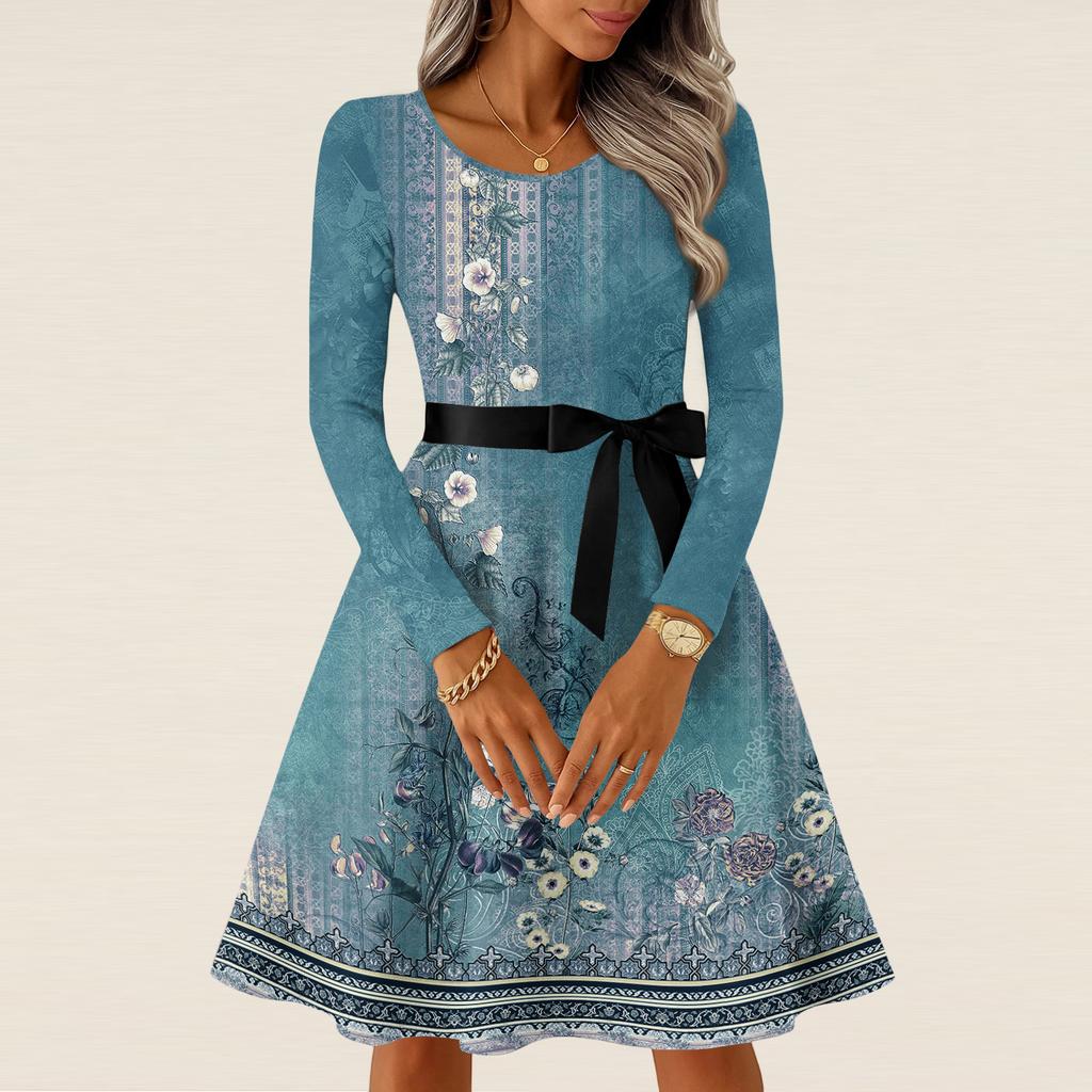 Women's Casual Fashion Long Sleeve  Vintage Long Dresses