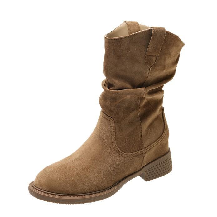 2025 New Western Cowboy Boots Women's Spring and Autumn Single Boots V-mouth Thin Medium Boots Pleated Stacked Martin Boots