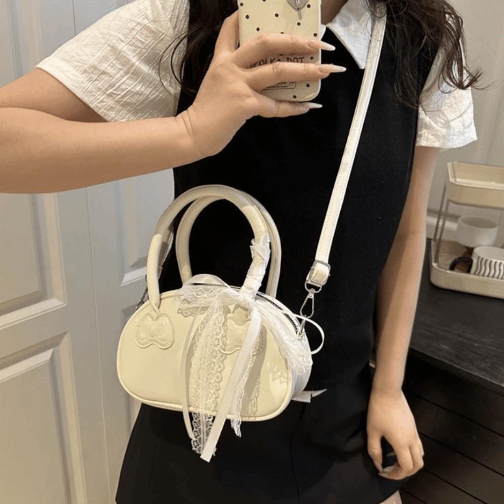 Korean Bow Crossbody Bag Pu Leather Commute Handbag Trendy Lace Ribbons Boston Bag Women