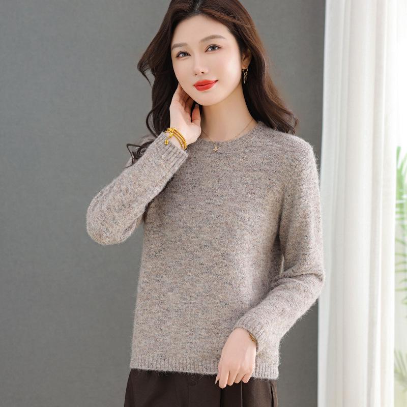 Women's Solid Color Wool Sweater - Autumn/Winter 2025, Round Neck Knitted Top