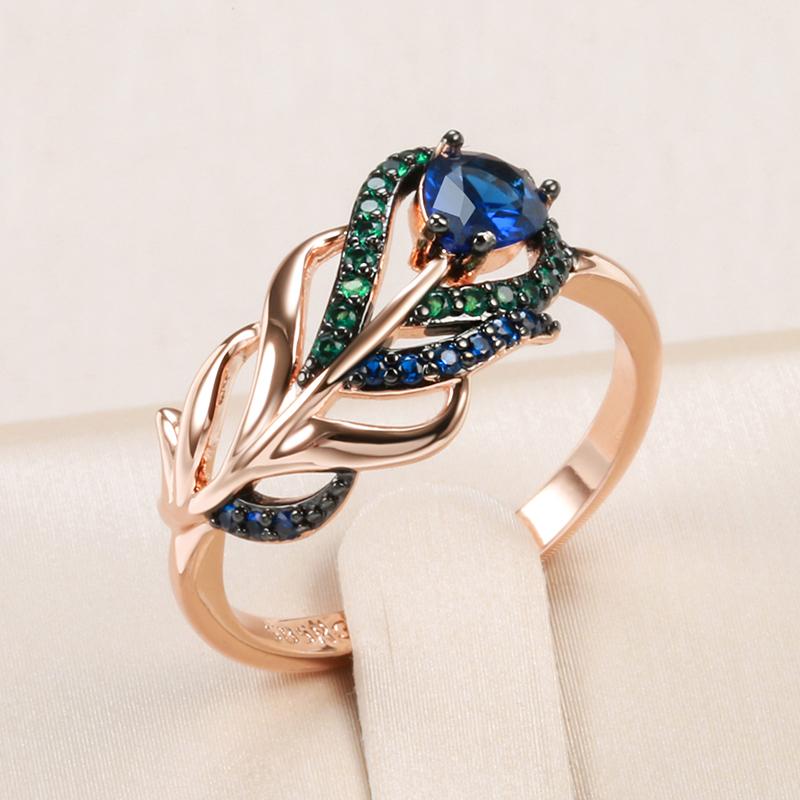 Luxury Blue Natural Zircon Ring For Women Rose Gold And Black Plating Vintage Crystal Leaf Daily Fine Jewelry