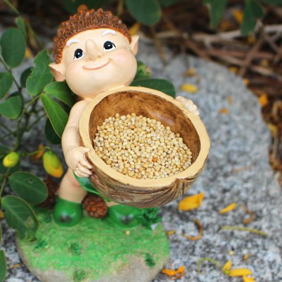 Forest Elf Bird Feeder Resin Elf Figurine with Walnut Bowl Wild Bird Feeding Bowl Garden Statue for Courtyard Outdoor Decor