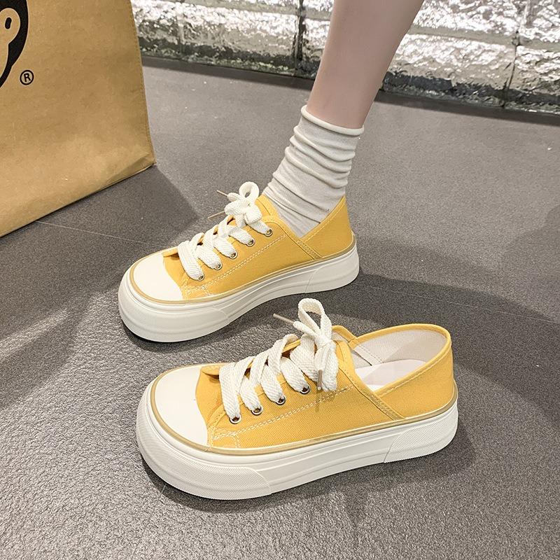 Ugly cute half-drag big-headed women's little white shoes milk Huhu niche summer versatile canvas new thick-soled ugly cute board shoes