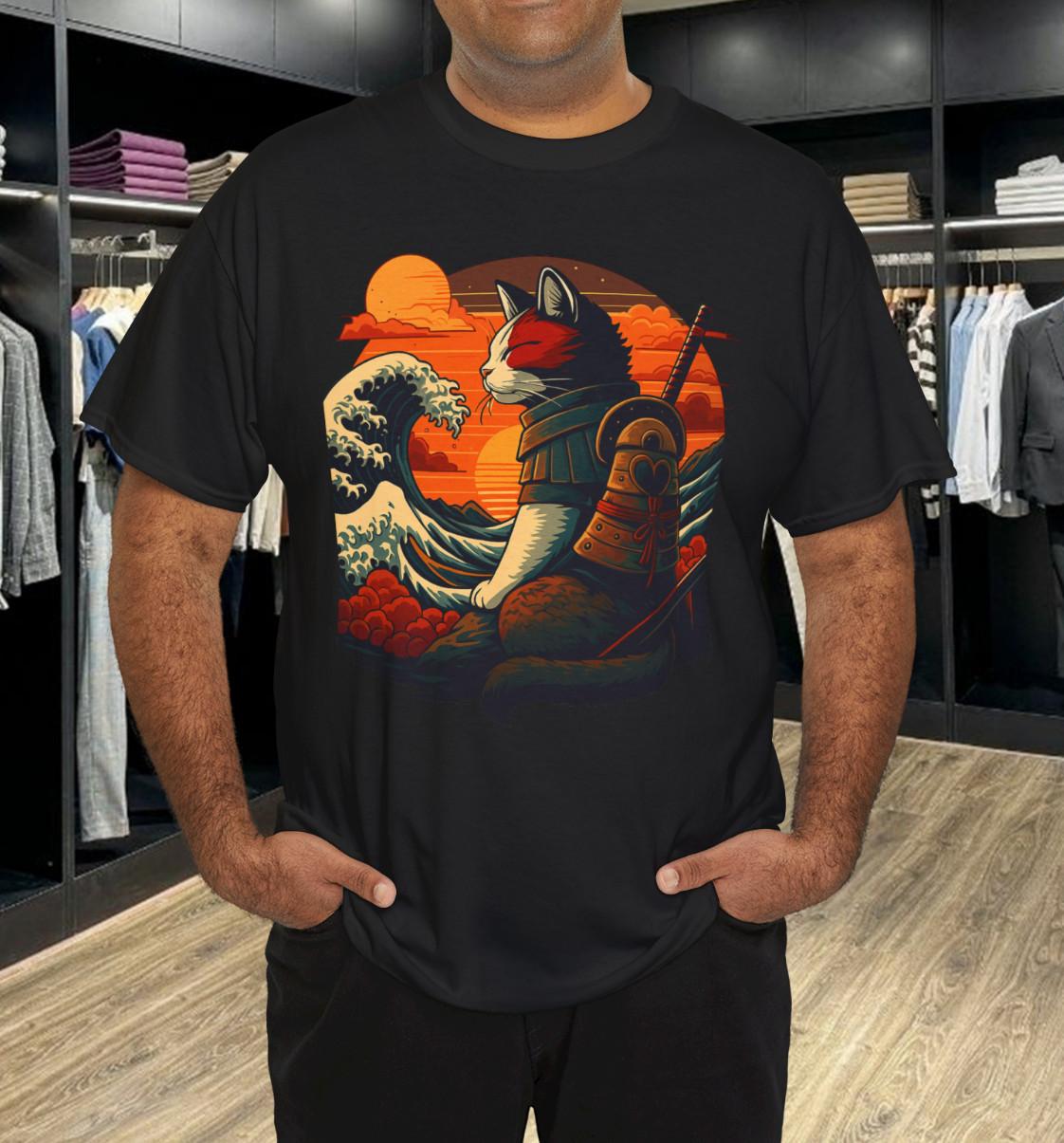 Retro samurai cat T-Shirt Mens Womens Tees Top 3XL
