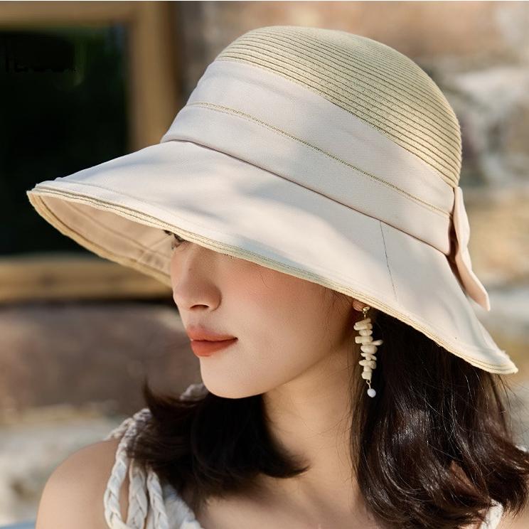 Women's Luxury Fine Paper Straw Fisherman Hat Breathable Patchwork Wide Brim Sun Protection Elegant Outdoor Sun Visor for Ladies