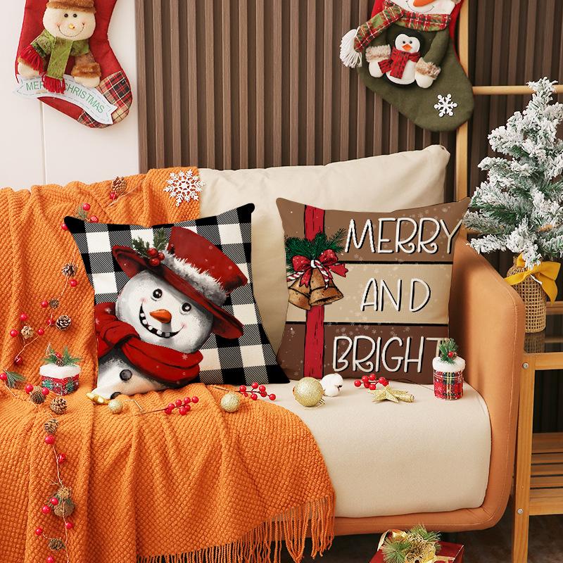 New Christmas Set Linen Pillow Plaid Snowman Print Cushion Indoor Holiday Decoration Sofa Cushion