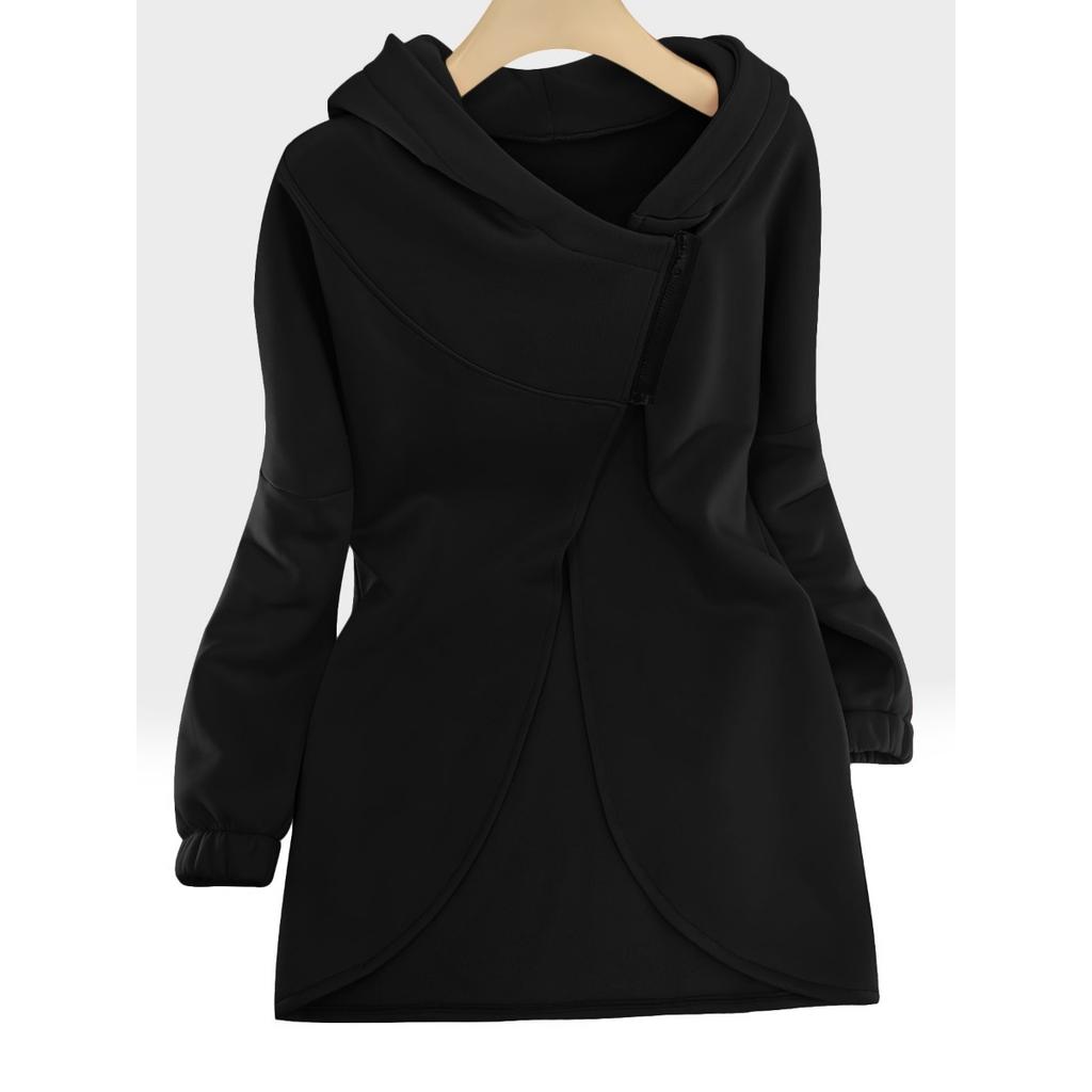 Women's Long Sleeved Casual Black Hooded Jacket Sweatshirt with Front Pocket Zipper Hoodie