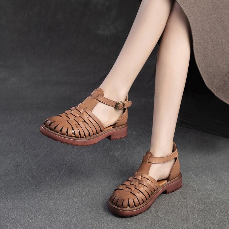 Johnature Sandali intrecciati traspiranti scavati Scarpe da donna in vera pelle stile romano retrò