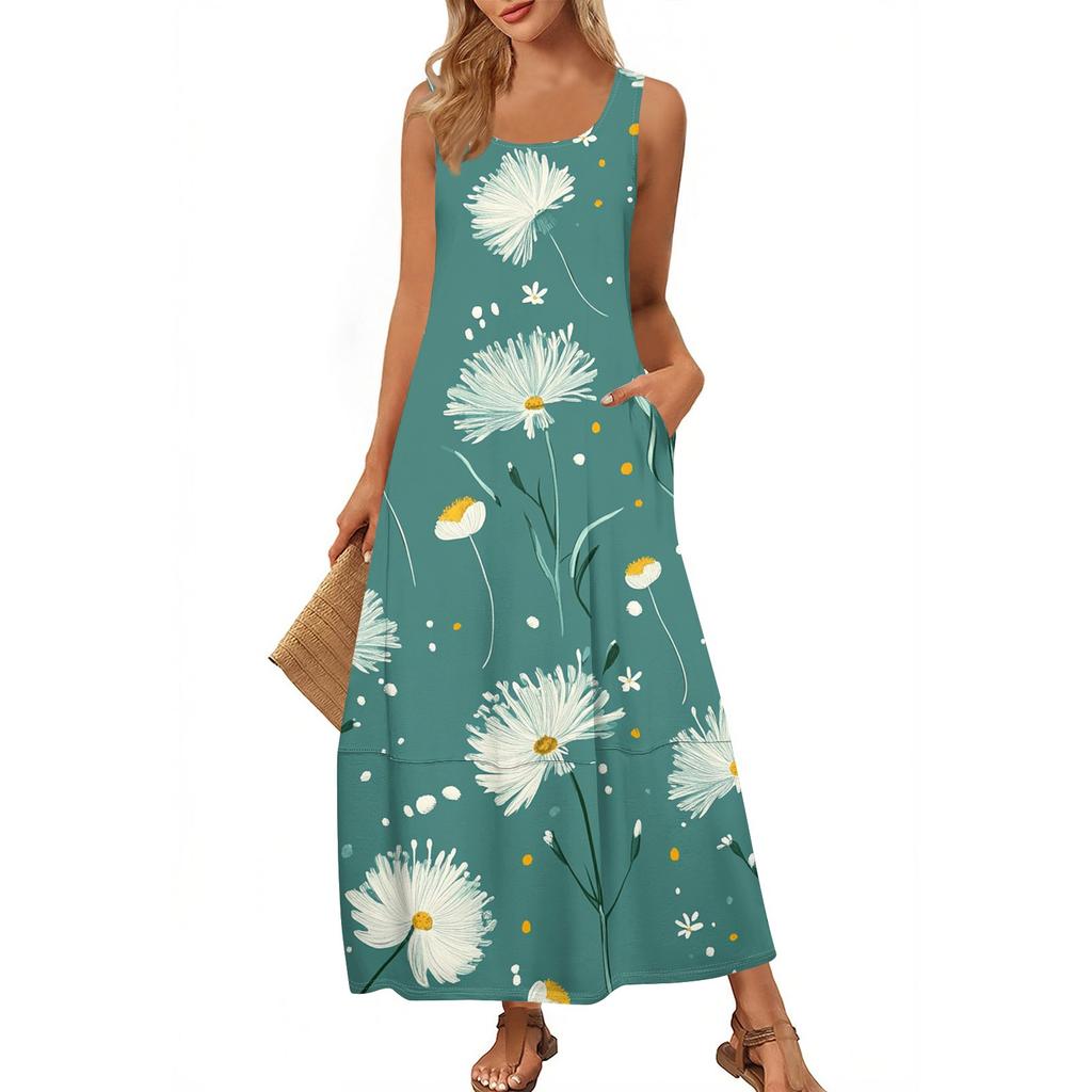 Lässiges bodenlanges Sommerkleid für Damen, Sommer-Strandkleid, Rundhalsausschnitt, ärmellos, lockerer Aufdruck