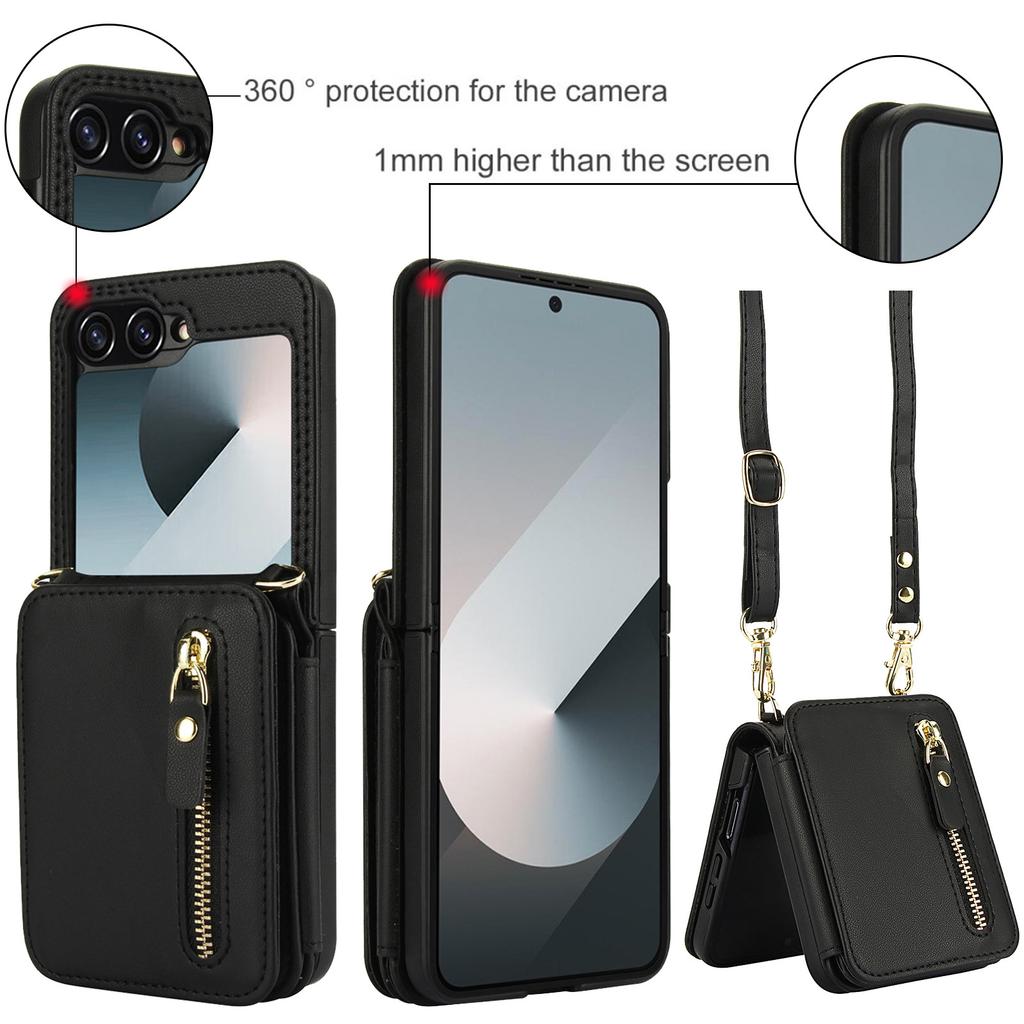 Applicable To Samsung Z Flip6 Mobile Phone Leather Case Z Flip5 Solid Color Card Zipper Change Bag Diagonal Strap Card Bag